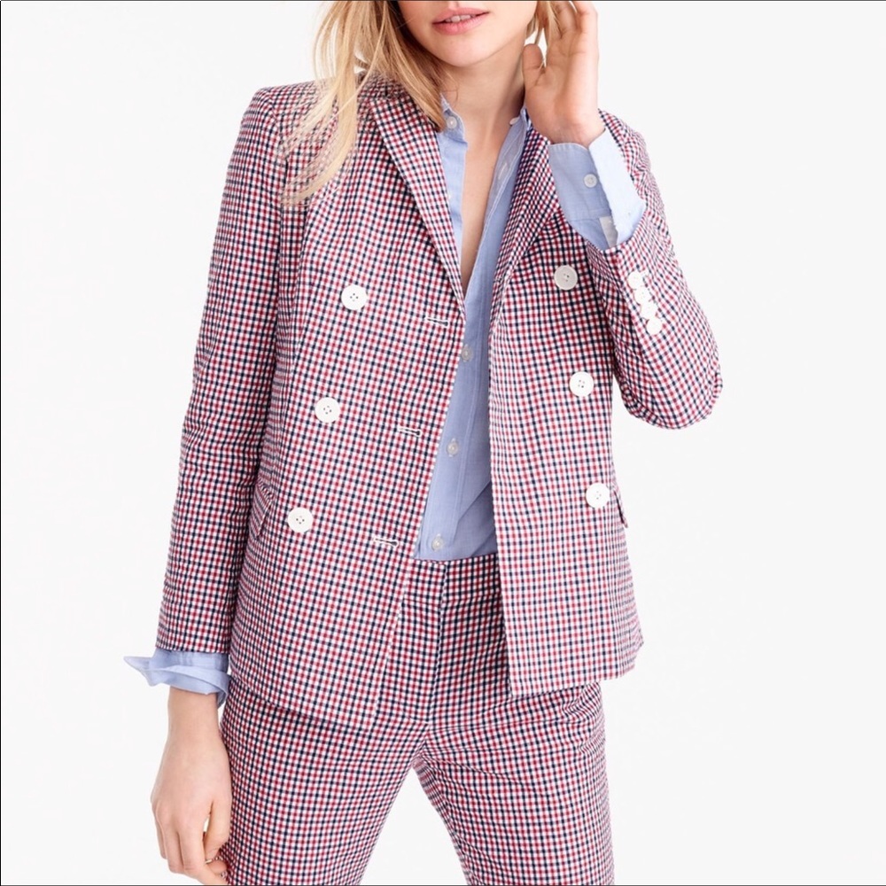 * SOLD * J. Crew Red Blue Gingham Double-breasted Seersucker Cotton Blazer 14